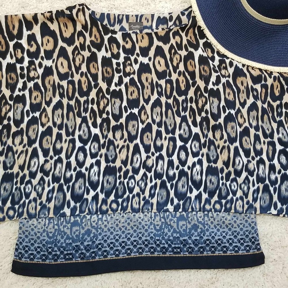 Top, Blouse. Blue, Tan, White, Animal Print. Chico's Brand. Size 0. - Picture 10 of 14